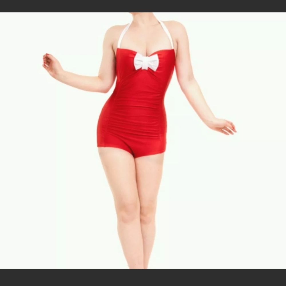 NWT RockSteady Retro Red Womens Rockabilly PinUp Peek-a-Boo Tie Back Swimsuit